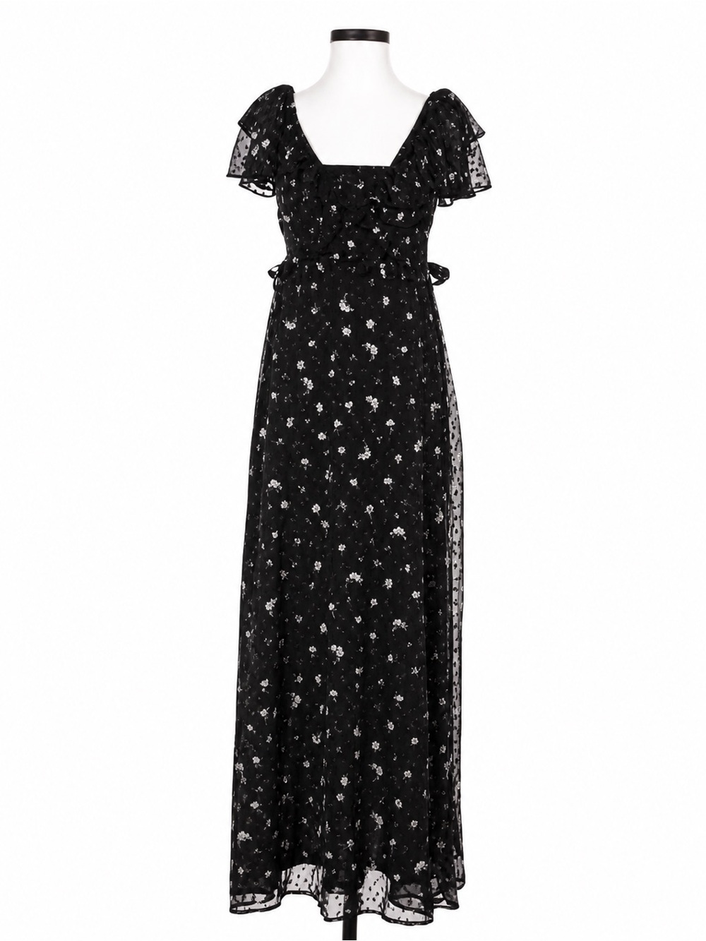 NWT Black Floral Chiffon Maxi Dress with Ruffle Sleeves